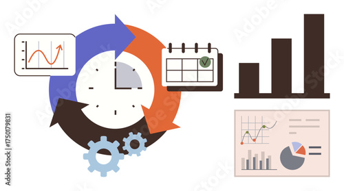 Circular timeline with gears, a clock, bar and line graphs, and a calendar highlighting organization, productivity, and analysis. Ideal for workflow, planning, and progress in a flat metaphor