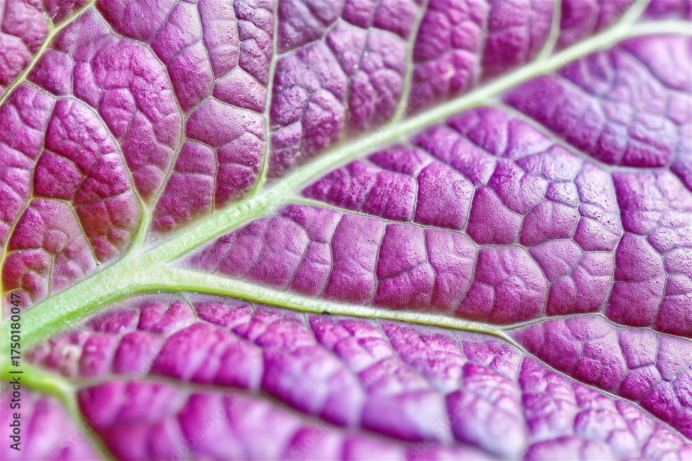 Fototapeta premium Macro shot of pink leaf with detailed vein structure. Close-up of plant surface with intricate network pattern revealing organic architecture with copy space.