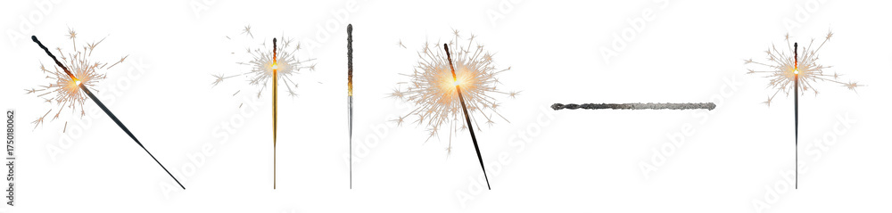 Fototapeta premium Sparkler set including active, burning, glowing, and burnt elements isolated. Festive celebration, holiday, and party assets.