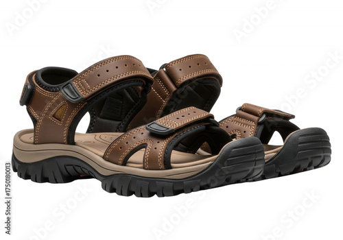 Men’s brown hiking sandals with rugged soles and velcro straps, isolated PNG on transparent background