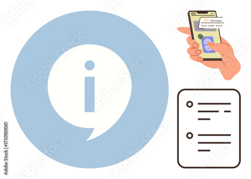 Information icon in speech bubble, hand holding smartphone showing message, and simple checklist. Ideal for communication, notifications, reminders, tasks, organization, updates simple flat metaphor