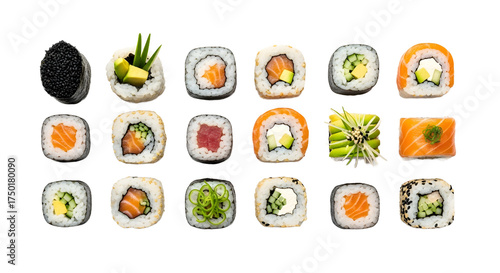 Sushi Assortment, Rolls, White Background, Food, Clean Light, Top View, Seamless PNG Loop, digital stylus pen hovering and spinning slightly above white surface