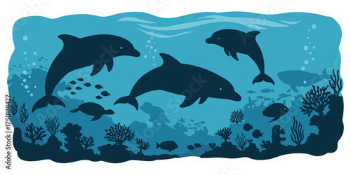 Underwater ocean scene, dolphin silhouette swim, marine life diversity, coral reef habitat, flat vector illustration, sea turtle, fish, shark, bubbles