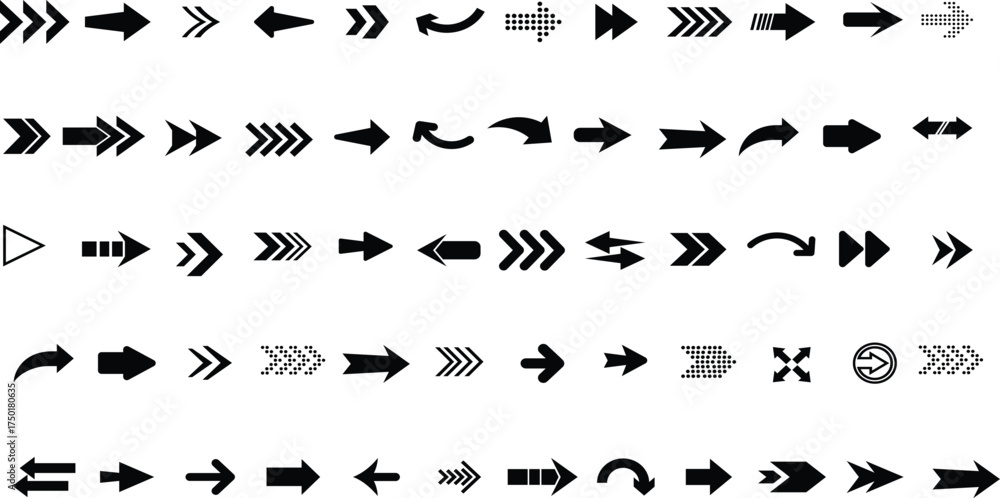 Fototapeta premium Arrow icon set. Arrow. Cursor. Black vector arrows icons. Collection different arrows sign. Modern simple arrows. Black arrow pointing to the right. Black direction pointer. Vector illustration.