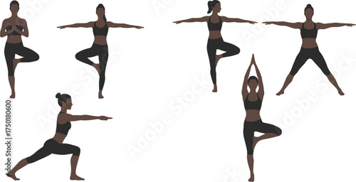 Yoga pose silhouette set, tree pose, warrior pose, fitness posture, mindfulness exercise, calm balance, flat vector illustration