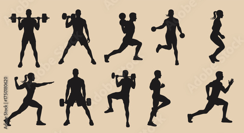 Fitness exercise silhouettes, strength and cardio workout poses, gym training movement set, active lifestyle artwork, flat vector illustration, health design bundle
