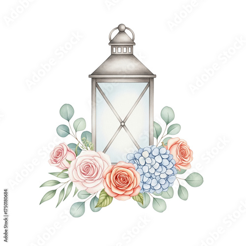 Watercolor Floral Lantern with Roses and Hydrangea – PNG Transparent Background Wedding Botanical Clipart
