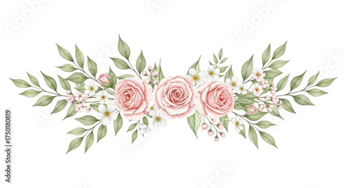Watercolor Floral Bouquet with Blush Roses and Greenery — PNG Clipart on Transparent Background