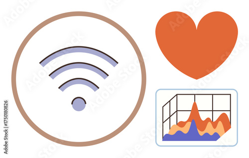 wireless signal icon, red heart symbol, and colorful 3D data graph. Ideal for digital transformation, communication, relationships, healthcare, analytics technology networking. A simple flat