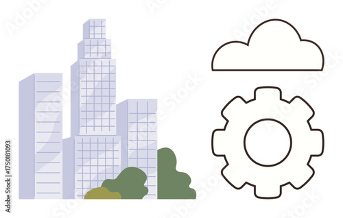 City skyscrapers surrounded by greenery, adjoining cloud and gear icons symbolizing technology, progress, and eco-friendly solutions. Ideal for innovation, urbanization, sustainability, networking