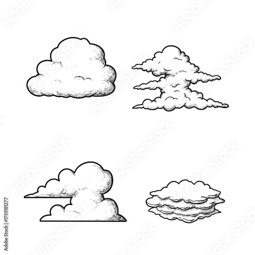 Hand-drawn black and white cloud icons for weather or design