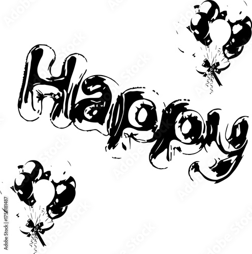 Black and white shading drawing of a happy celebration with colorful balloons expressing joy and fun