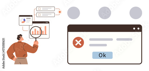 Person reviewing analytics on charts with a magnifying glass and addressing a browser error message. Ideal for data analysis, troubleshooting, problem-solving, user feedback, tech support, website