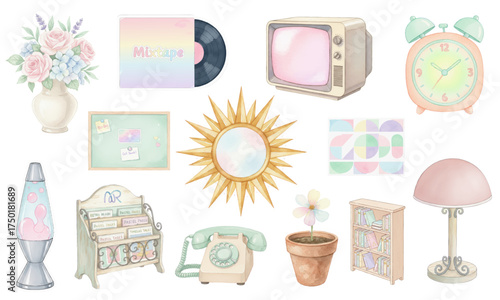 Pastel Watercolor 90s Retro Nostalgia Clipart Set