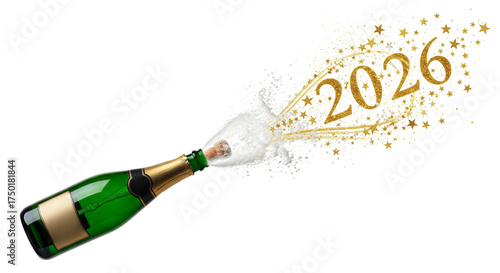 Champagne bottle popping with gold stars forming 2026, New Year celebration, isolated PNG on transparent background