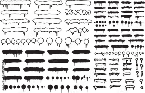 Dirty spray graffiti lines with paint drips and splashes. Grunge spray marks and splattered textures for text backgrounds or stencil effects. Vector ink box template with urban street art style.