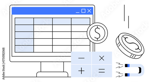 Computer screen displays a spreadsheet, accompanied by coins, calculator symbols, and magnet attracting financial resources. Ideal for finance, accounting, investment, budgeting, data analysis