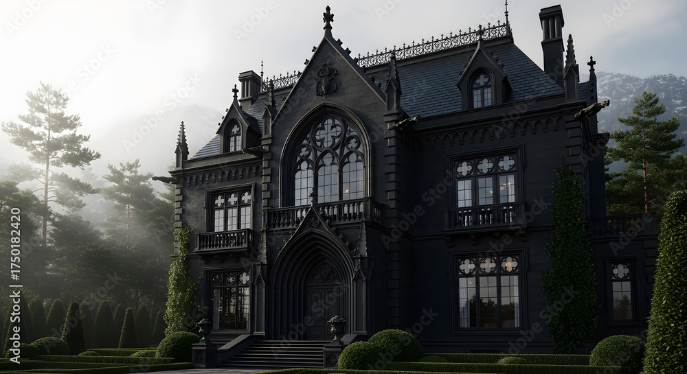 Obraz premium Mysterious Mansion Amidst Fog: A gothic mansion stands shrouded in mist, its dark silhouette a haunting presence amidst a serene landscape, evoking an aura of mystery.