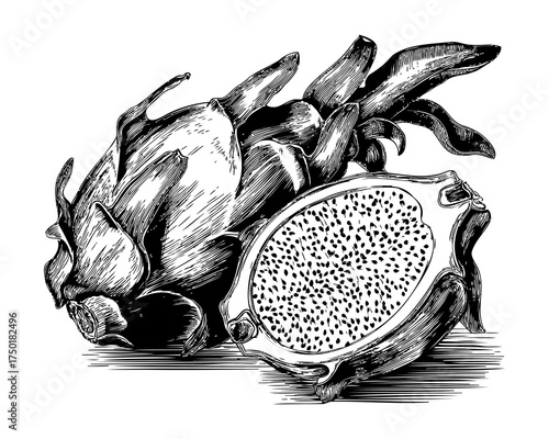 Detailed Illustration of Dragonfruit with Whole and Sliced View Showcasing Unique Texture and Exotic Appeal