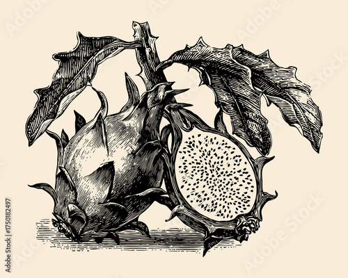 Detailed vintage botanical illustration of a dragon fruit cut in half, showing inner seeds and surrounded by cactus leaves in classic engraving style.