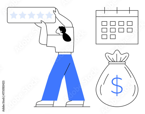 Woman raising a five-star rating card, calendar for planning, and money bag for financial growth. Ideal for feedback, quality, planning, savings, finance goals success. Simple flat metaphor