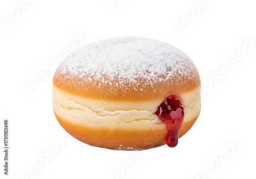 Jelly-filled doughnut with powdered sugar and red jam drip – PNG on transparent background, isolated donut pastry clipart