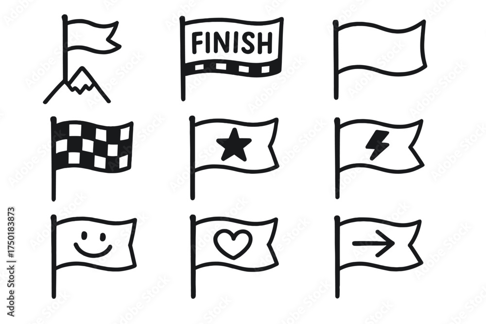 Fototapeta premium Flags silhouette icon set. featuring mountain, finish line, plain, checkered, star, bolt, smiley, heart, arrow icons