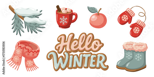 Hand drawn w inter set with cocoa, mittens, boots, scarf and pine branch. Cartoon vector illustration on white background
