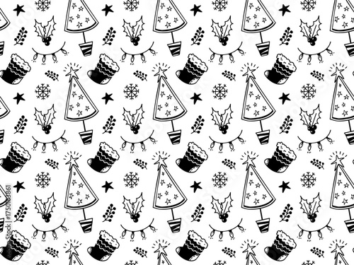 Seamless hand drawn winter pattern with Christmas trees and holly. Outline doodle background. 