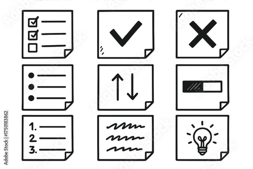 Task management linear icons set. featuring checklist, checkmark, cross, bulleted list, sort, progress bar, numbered list, notes, idea