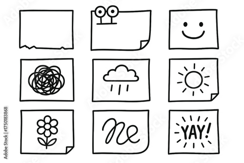 Creative notes linear icon set. featuring paper, snail mail, smiley, scribble, rain, sun, flower, scribble, yay