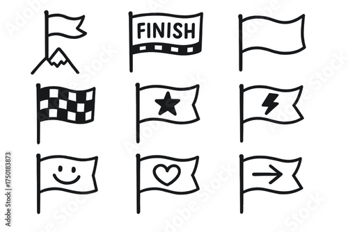 Flags silhouette icon set. featuring mountain, finish line, plain, checkered, star, bolt, smiley, heart, arrow icons