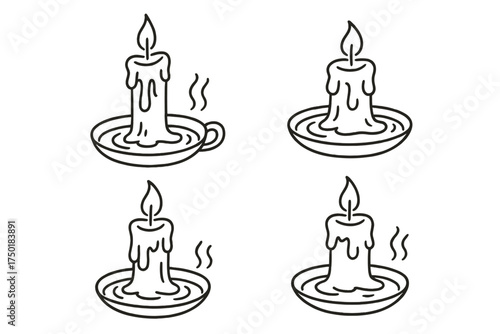 Candle linear icon set. featuring burning, wax, flame, aroma, melting, vintage, relaxing, meditation symbols.
