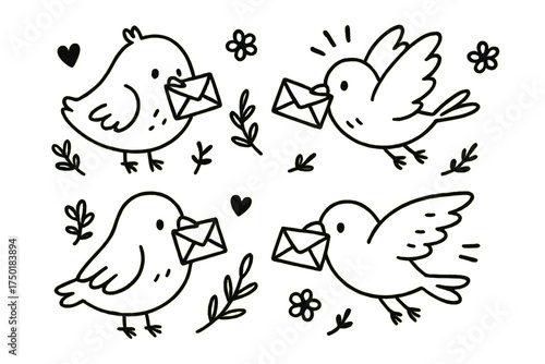 Birds and letters silhouette icon set. featuring birds with letters, hearts, wings, flowers, and leaves