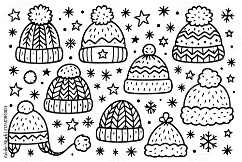Winter clothing silhouette icon set. featuring beanie, pompom, knit, wool, cozy, warm, and festive hat designs