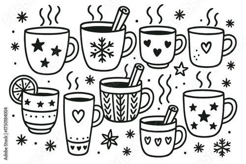Hot drinks silhouette icon set. featuring coffee, tea, cocoa, cinnamon, and star symbols