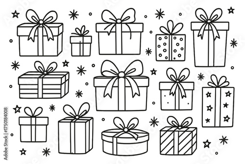 Gift packages silhouette icon set. featuring bows, stars, stripes, and various box shapes
