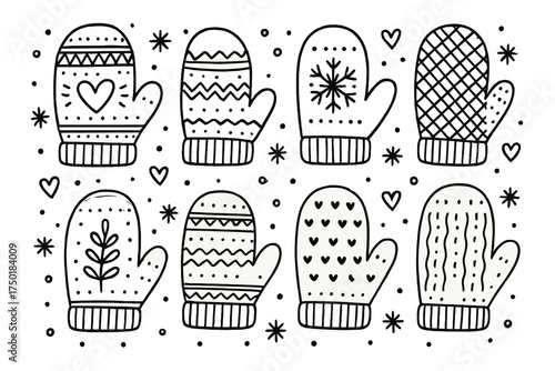 Winter mittens flat icon set. featuring heart, snowflake, patterns, leaf, and knitted designs