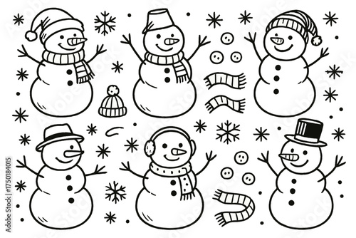 Winter activities silhouette icon set. featuring snowman, scarf, hat, earmuffs, snowflakes, buttons, and snowballs