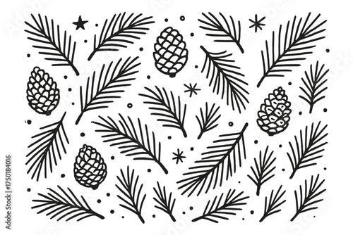Nature silhouette icon set. featuring pine cone, fir branch, star, and leaf symbols