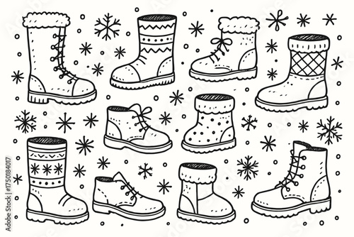 Winter footwear linear icon set. featuring boots, snowflakes, and various winter shoe designs