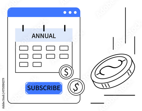 Digital calendar labeled annual with subscribe button and falling coins representing payment. Ideal for subscription services, finance, planning, budgeting, e-commerce, investment, and automation