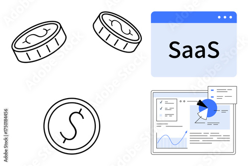 Coins representing finance, SaaS browser window for software, analytics dashboard with graphs and charts. Ideal for finance, SaaS industry, business strategy, software, data analysis, marketing