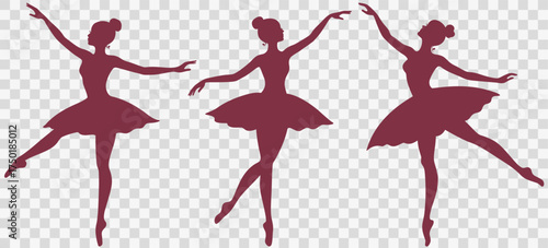 Set of three silhouettes of poses of ballerinas. Pink classical graceful dancers isolated on a transparent background. Vector graphics for the design of posters, banners. Dancing womans illustration.