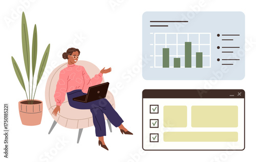 Woman sitting with laptop, reviewing bar graph and task list windows. Ideal for remote work, productivity, analytics, organization, home office, goal tracking, simple flat metaphor