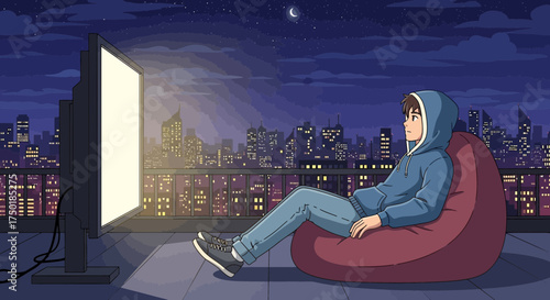 Cartoon depiction of rooftop relaxation, urban nightscape and modern technology