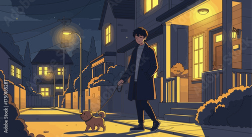 A tranquil evening walk with a canine companion under the streetlights on a serene avenue