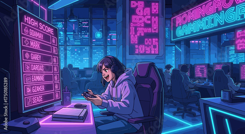Neon-lit gaming arena with competitive spirit and vibrant cybernetic atmosphere in focus