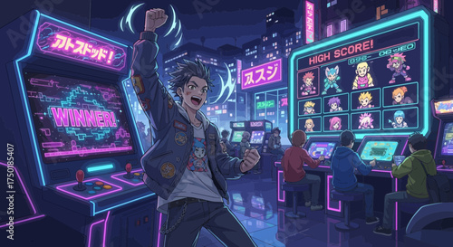 Triumphant gamer at arcade amidst vibrant neon lights and retro gaming nostalgia