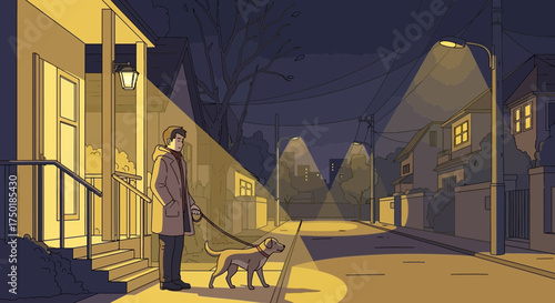 Evening stroll with canine companion on quiet illuminated neighborhood streets